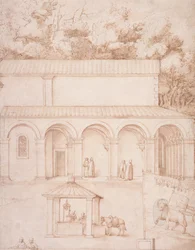 PD.54-1997ラヴェルナ修道院の眺め、中庭と井戸、c.1607-12（紙にペンとインクを洗う）